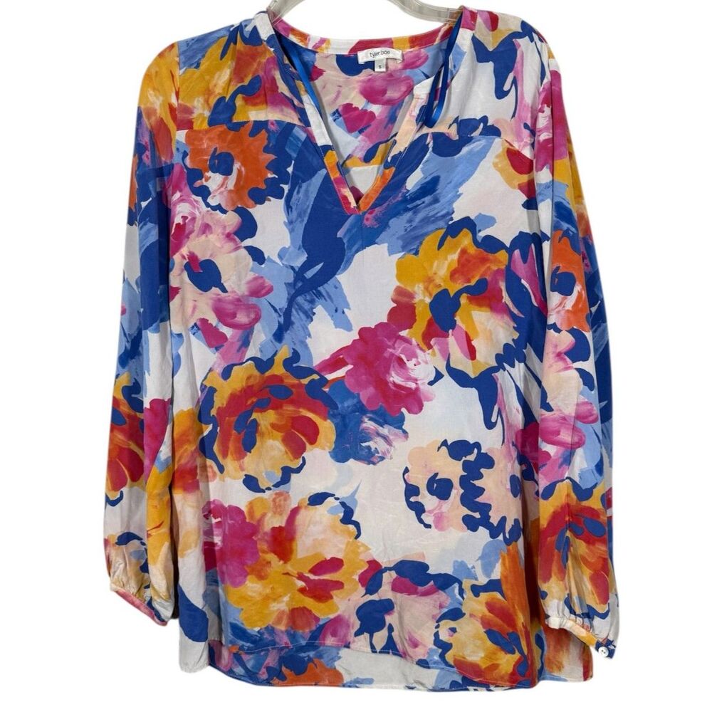 Tyler Boe Womens Colorful Floral Silk Blouse Sz S Lightweight Breathable V Neck